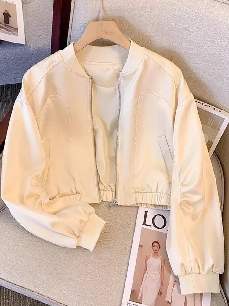 Baseball Y2K Satin Jackets Women Slim Long Sleeve Streetwear Vintage Short Coats Vintage Korean Pockets O Neck Fall Winter Tops voguable