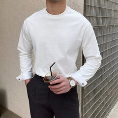 New Autumn Fashion Men T-shirt Light Luxury Solid Color Long Sleeve Tops Leisure Streetwear Casual O Neck Basic Shirts M-3XL voguable