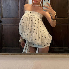 Voguable Women's Vintage Polka Dot Chiffon Mesh Mini Dress Strapless Pleated Tie Up Bowkont Sheath Cute Girl Night Club Vestidos voguable