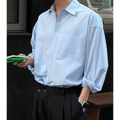 Voguable Spring New Korean Light Blue Shirt Men Oversized Solid Color Lapel Button Pocket Loose Business Casual Long Sleeve Men Shirts voguable