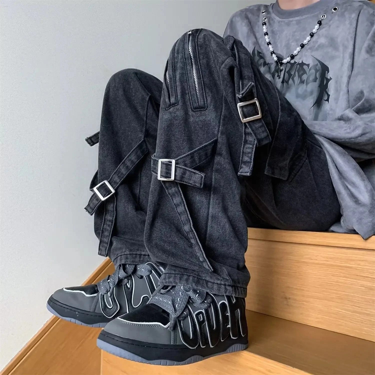 American Style Vibezip-up Trendy Jeans For Men Loose-fit Bell Bottoms Ins High Street Gangsta Style Casual Workwear voguable