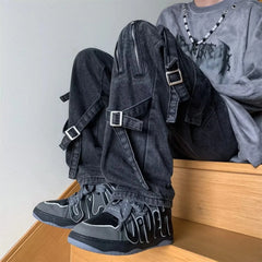 American Style Vibezip-up Trendy Jeans For Men Loose-fit Bell Bottoms Ins High Street Gangsta Style Casual Workwear voguable