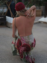 Sexy Printed V-neck Halter Long Dresses Women Retro Sleeveless Backless Side Slit Beach Dress Female Fashion High Street Holiday voguable