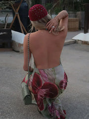 Sexy Printed V-neck Halter Long Dresses Women Retro Sleeveless Backless Side Slit Beach Dress Female Fashion High Street Holiday voguable