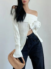 Voguable Sexy Women Off Shoulder Knit Slash Collar Sweater Open Buttons Front Slit Slim Knitwear Full Sleeve Jumper Knitwear Tops White voguable