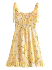 Voguable Women Plaid Lemon Print Yellow Sling Short Dress Vintage Ladies Summer A-line Chiffon Dress French Style voguable