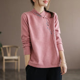 Voguable Autumn and Winter Literary Retro Large-size Sweatshirt Embroidery Warm Ethnic Style Middle-aged Mother Base T-shirt Top voguable