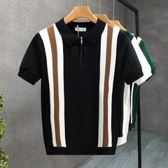New Men's Clothing Light Luxury Knit Striped Zipper Polo Shirt Business Leisure Short Sleeve Korean Popular Retro Knitwear M-3XL voguable