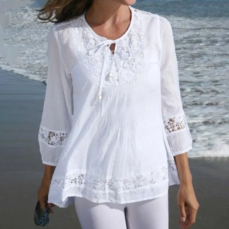 Fashion Women's Solid Lace Top Cotton Linen Casual Top Woman New Summer Blouse Three-Quarter Sleeve Loose Shirt & Blouse Women voguable