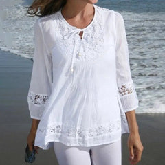 Fashion Women's Solid Lace Top Cotton Linen Casual Top Woman New Summer Blouse Three-Quarter Sleeve Loose Shirt & Blouse Women voguable