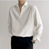Korean New Lapel Small V Design Men Shirts Summer Long Sleeve Draped Casual Shirt Men Loose Solid Color White Shirts for Men voguable