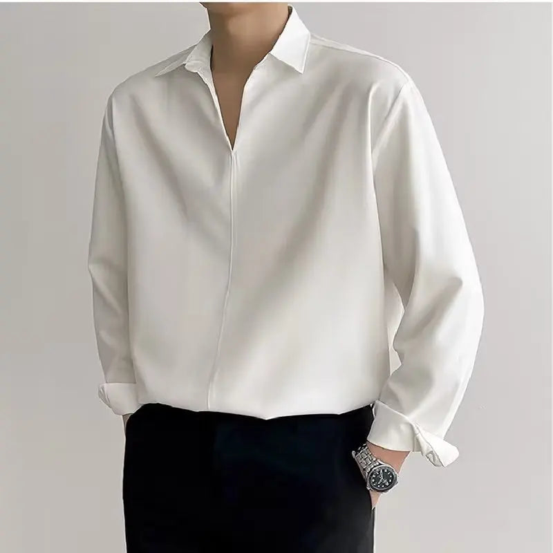 Korean New Lapel Small V Design Men Shirts Summer Long Sleeve Draped Casual Shirt Men Loose Solid Color White Shirts for Men voguable