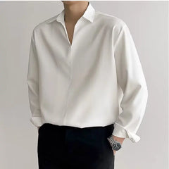 Korean New Lapel Small V Design Men Shirts Summer Long Sleeve Draped Casual Shirt Men Loose Solid Color White Shirts for Men voguable