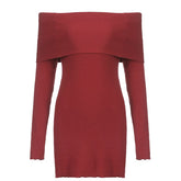 Red Slash Neck Slim Sweater Dress mysite