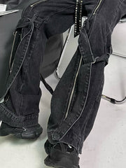 ReddaChic Acubi Fashion Pants Black Women Baggy Jeans with Zipper Slit 2-Strip Cyberpunk Y2k Grunge Goth Trousers Emo Streetwear voguable