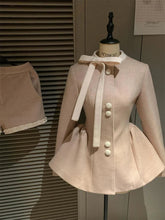 Voguable Women Elegant Two Piece Sets Vintage Sweet Bow Stand Collar Button Woolen Coats Autumn Winter High Waist Slim Preppy New Shorts voguable