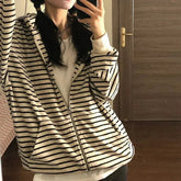Vintage Striped Oversized Hoodies Women Harajuku Kpop Zip Up Sweatshirts Korean Casual All-match Cardigan Grunge Gothic voguable
