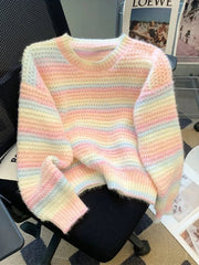 Women Chic Rainbow Sweater Loose Cute O Neck Long Sleeve Knitted Jumpers Fall Winter Lazy Wind Japan Fashion Sweet Pullover voguable
