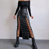 Voguable Sexy Drawstring Bandage PU Faux Leather Skirts Womens Autumn Summer Fashion Asymmetrical High Waisted Bodycon Long Skirts voguable