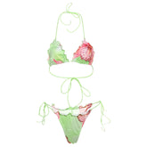 Lace Colorful Flower Print Bikini Shirring 2 Piece Set Women Halter Bra Tops+Skinny Briefs Vacation Beach Style Outfits voguable