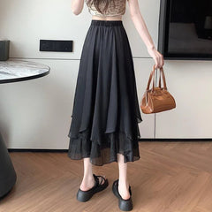 Summer Women Mesh Skirt Fashion Korean High Waist Loose Midi Skirt Y2K Elegant Female Casual All Match A Line Skirts New voguable