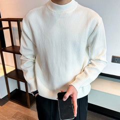 New Korean Retro Men Basic Sweaters Luxury Knit Solid Color Mock Neck Long Sleeve Pullover Casual Textured High Quality Knitwear voguable
