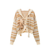 Vintage Knitted Hooded Cardigan for Women Y2K Fall New Korean Kawaii Bear Decoration Knit Coat Loose Preppy Long Sleeve Crop Top voguable