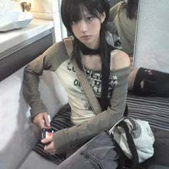 Japanese Y2k Off Shoulder T-shirt Grunge Aesthetics Graffiti Print Long Sleeve Tee Shirt Vintage Harajuku Streetwear 90s voguable