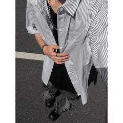 Summer Short Sleeved Shirt Men Black Blue Casual Shirt Men Streetwear Korean Loose Striped Shirt Mens Formal Dress Shirts voguable