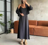 Voguable Autumn New Women's Fashion Casual Solid Color Sleeveless U-neck Vest Dress Short Sleeve Coat Set Women's Clothing voguable