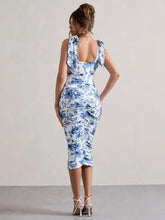 Floral Print Backless Sexy Maxi Dress For Women Gown Spaghetti Strap Square Collar Ruched Bodycon Club Party Dress voguable