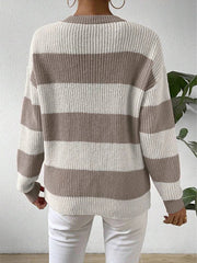 Women's autumn and winter contrasting striped round neck pullover knitted sweater voguable