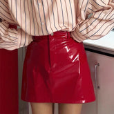 Voguable Women Y2k Red Bright Faux Pu High Waist Button Mini Skirts Elegant Fashion Slim Fit Party Evening All-match Skirts voguable