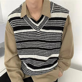 V-neck Striped Knitwear Men's Vest Autumn Pullover Sweater Sleeveless Blue Black voguable