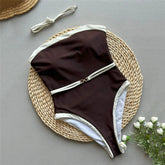 Voguable Brown Strapless Sexy Swimsuit Women One Piece Swimwear White Edge Metal Ring Belt High Cut Bathing Swimming Suit Monokini voguable