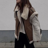 Women Fashion Patchwork Sleeveless Vest Waistcoat Loose Thicken Lapel Suede Fur Jacket Coat 2022 Autumn Winter Chic Tops Outwear voguable