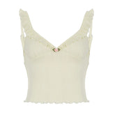 Cute Coquette Ruffles V-neck Crop Top Women Casual Hollow Out Holes Sexy Tees Y2k Aesthetic Vest Summer Holiday Clothing voguable