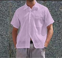 Men Shirt Solid Color Lapel Short Sleeve Summer Pleated Men Clothing Streetwear 2025 Pockets Fashion Male Shirts Tops voguable