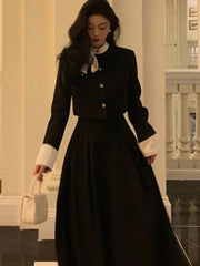 Women Elegant Korean 2 Piece Set Autumn Trend Lace Up Single Breasted Blazer Hight Waist Skirt Suit Office Lady Black Outfits voguable