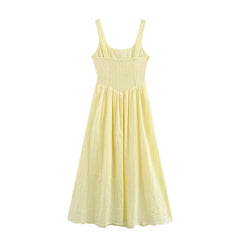 Women Elegant Square Neck Tank Long Dresses Sexy Sleeveless Low Waist A-line Yellow Summer Dress Holiday Party Robe