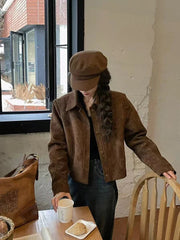 Coffee Suede Velvet Women Crop Jacket Loose Single Breasted Lapel Crop Coat Y2K Korean Chic Streetwear All Match Lady Outwear voguable