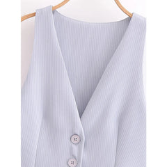 Women Patchwork Striped Temperament Vest Front Button V Neck Sleeveless Waistcoat Spring Summer Chic Tops voguable