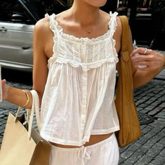 Women Y2k Lace Ruffle Trim Tank Top Fairycore Sexy Sheer Button Front Scoop Neck Camisole Cute Going Out Crop Tops Boho Vest voguable