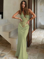 Sheer Lace Hollow Out Sexy Maxi Dress For Women Gown Halter Deep V Neck Sleeveless Backless Bodycon Long Dress voguable