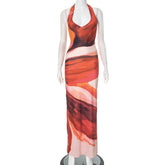 Halter Deep V Neck Print Sexy Maxi Dress For Women Fashion Lace-up Sleeveless Backless Bodycon Printed Long Dress voguable