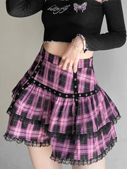 Mall Goth Gothic Lace Ruffle Mini Skirts Womens Harajuku Fairy Grunge Pink Plaid Pleated Skirt Japanese Lolita Streetwear voguable