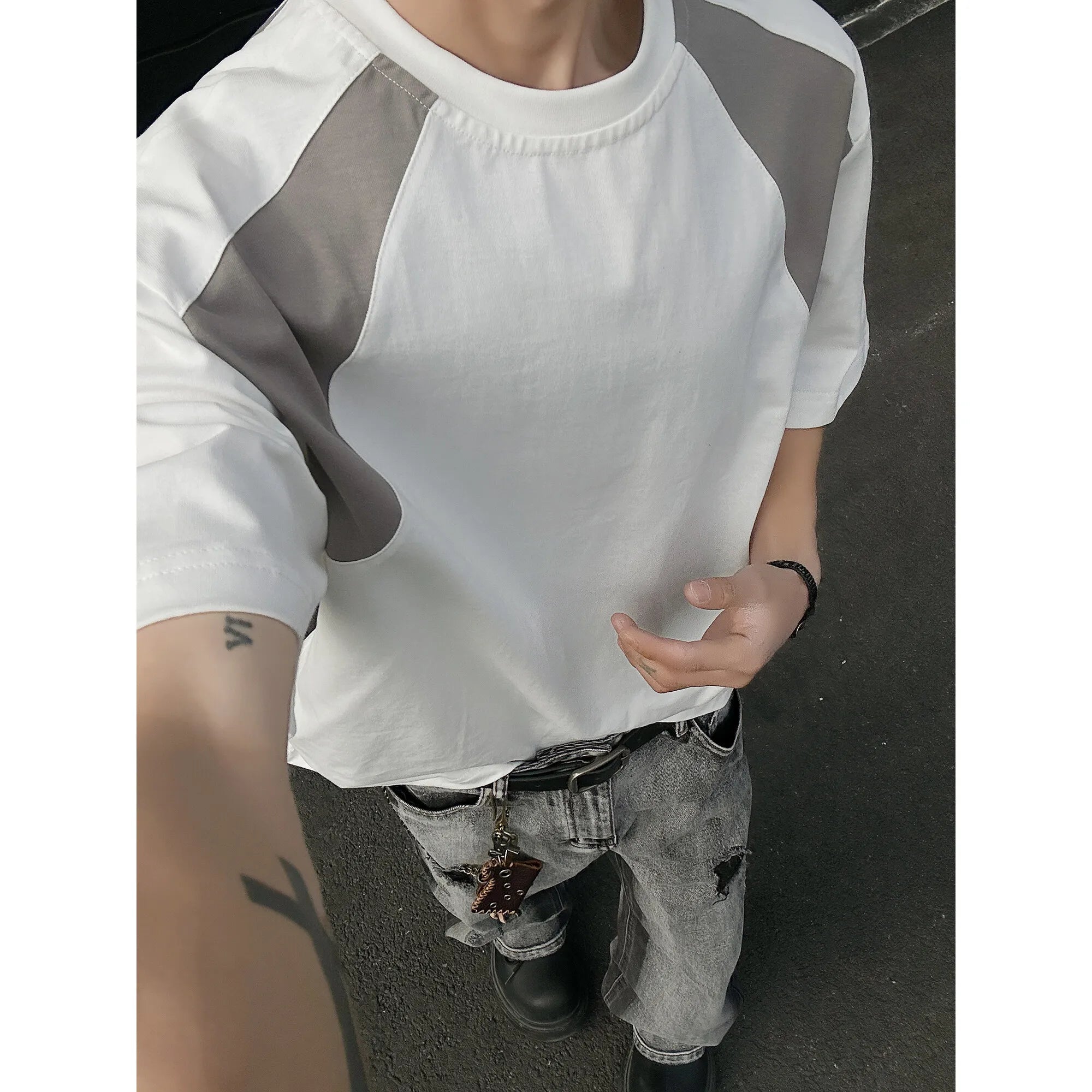 Mens Breathable Cotton Tshirt man Soft Summer Casual Slim Fit Contrast Panel Simpl Design Streetwear Fashion Tee Line Texture voguable