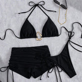 Voguable Metal Ring Halter String Triangle 3 Piece Bikinis Sets Brown Solid Swimwears Bottom Short Micro Thong Sexy Swimsuit Woman voguable