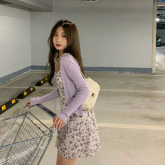 Voguable Summer Purple Two-piece Sets Dress for Women Floral Slip Mini Dress+Sunscreen Shawl Cardigan Woman New Sundress voguable