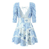Lace Spliced Blue Floral Print Summer Dress Women Sexy Backless V Neck A-line Mini Dresses Holiday Vestido Boho Robe voguable
